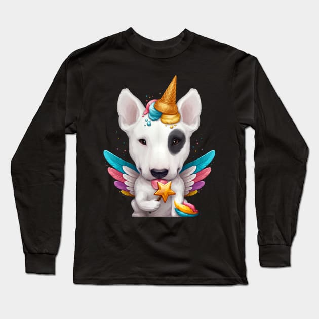 White Bull Terrier with Black Eye Patch Ice Cream Unicorn Long Sleeve T-Shirt by stonemask